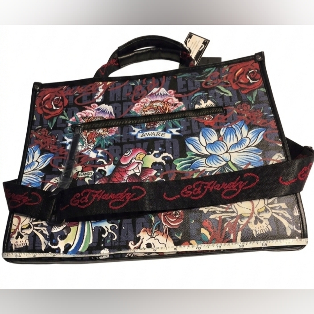 Ed Hardy Straw/Woven Tote Bag Rhinestones  Crossbody Strap Love Kills Slowly - Picture 10 of 15